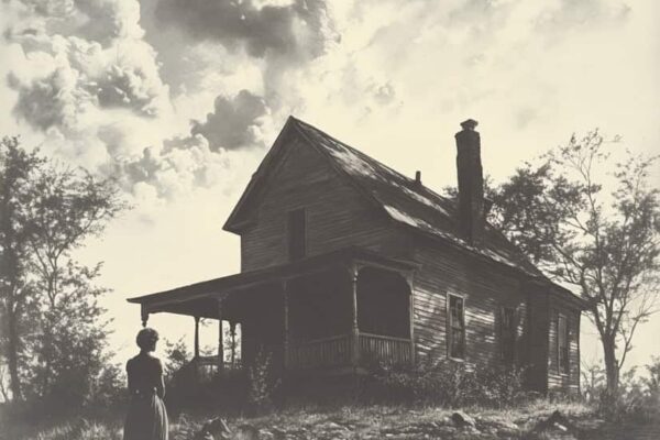 An old, eerie farmhouse with a ghostly figure in the foreground.