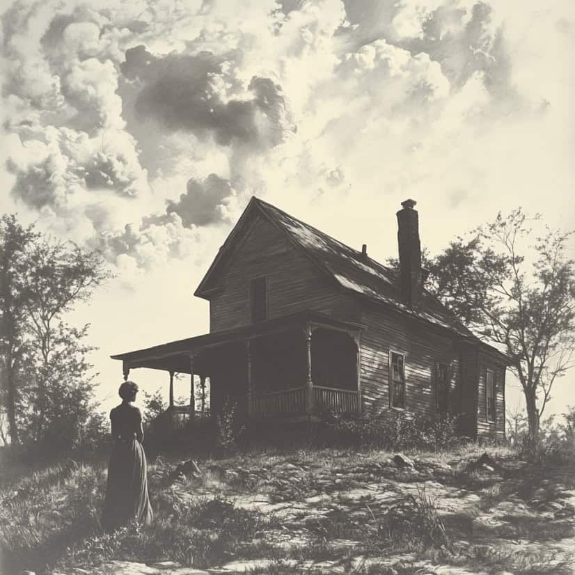 An old, eerie farmhouse with a ghostly figure in the foreground.