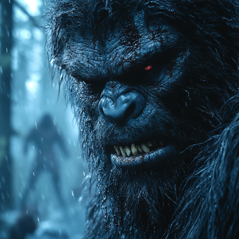 Close-up of Bigfoot's face with glowing red eyes.