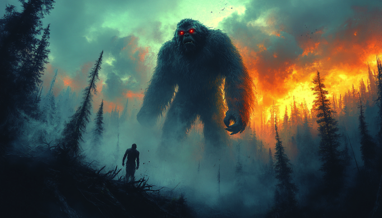 Giant Bigfoot towering over the forest at sunset.