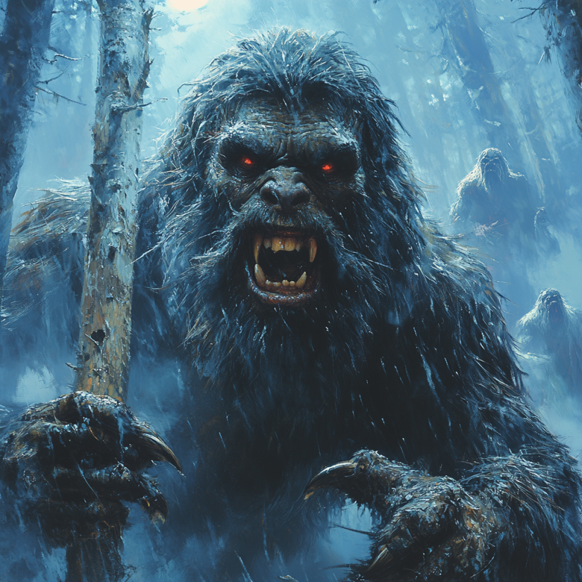 Aggressive Bigfoot holding a club in a dark forest.