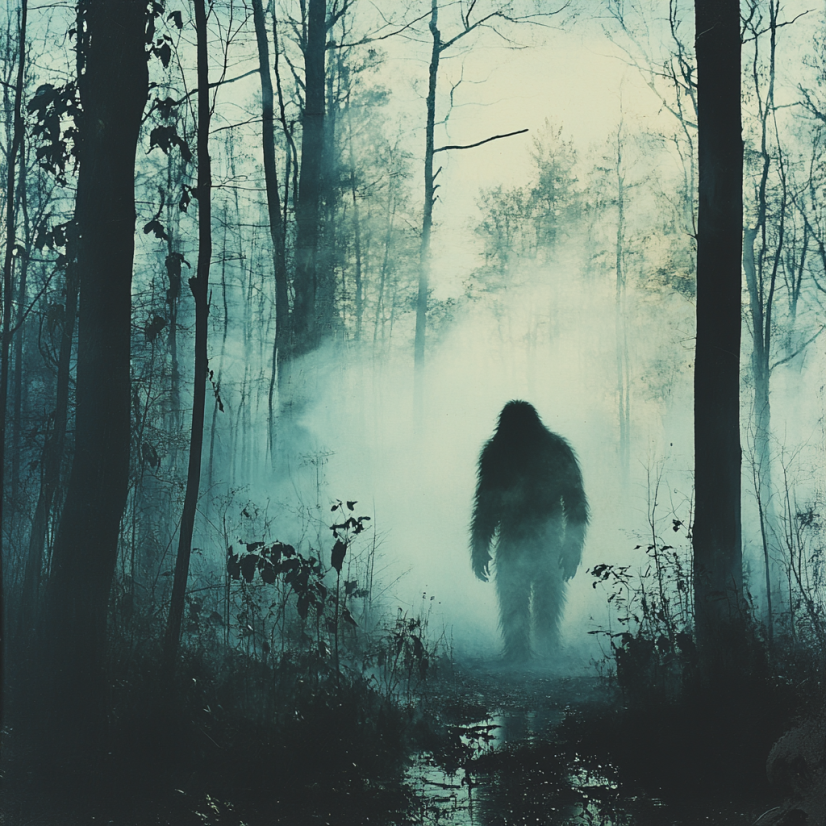 Silhouette of Bigfoot walking through a foggy forest.