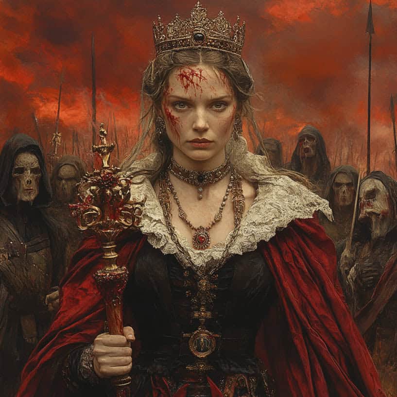 A queen with a bloodstained face standing under a red sky, surrounded by followers