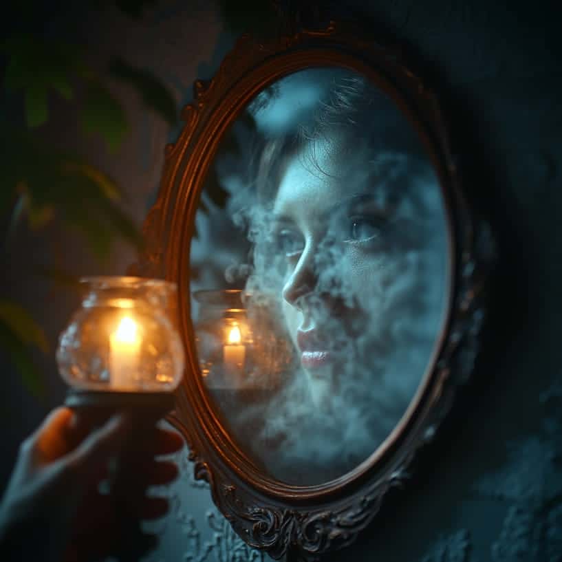 Ghostly face appearing in a haunted mirror lit by a lantern.