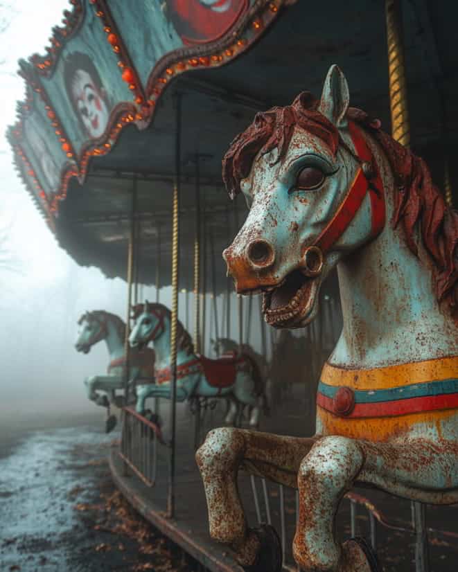 Foggy abandoned carousel with chipped and weathered horse figures.