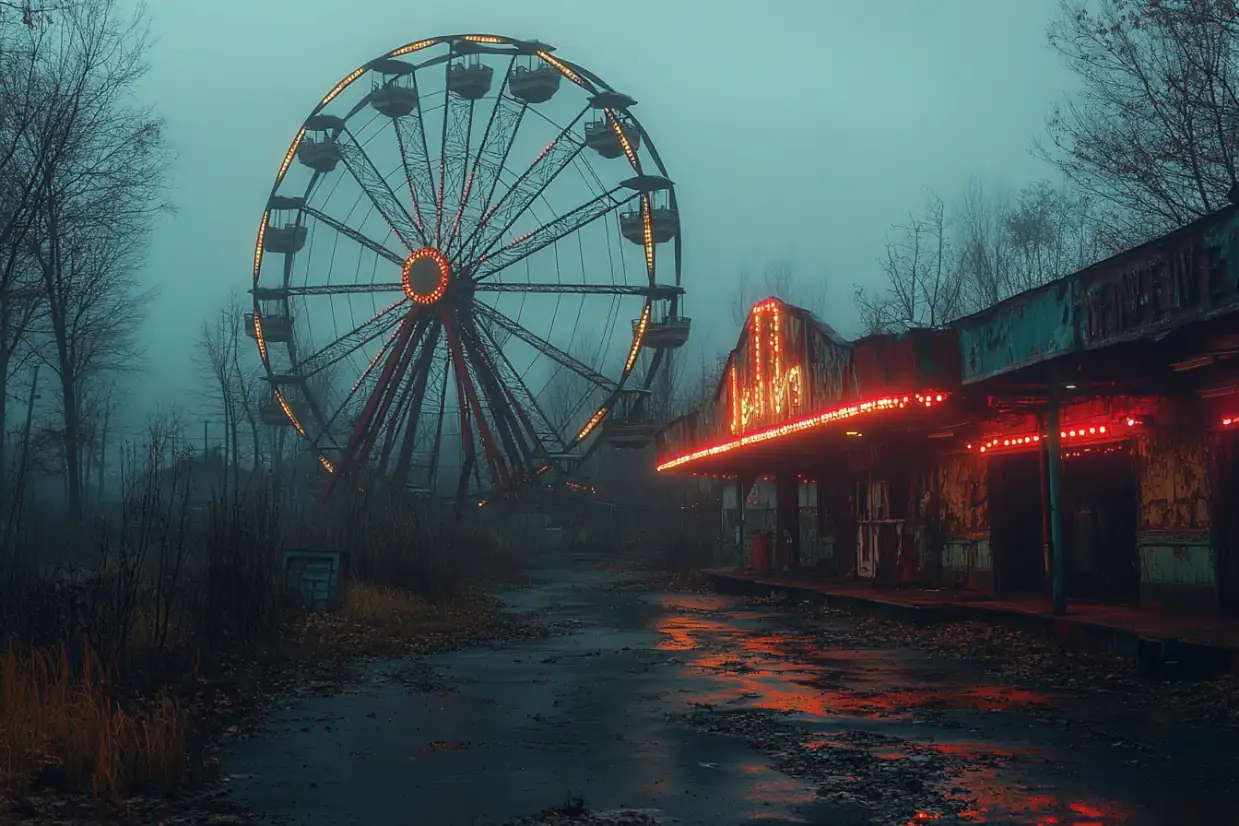 Abandoned Ferris wheel and ticket booth in twilight