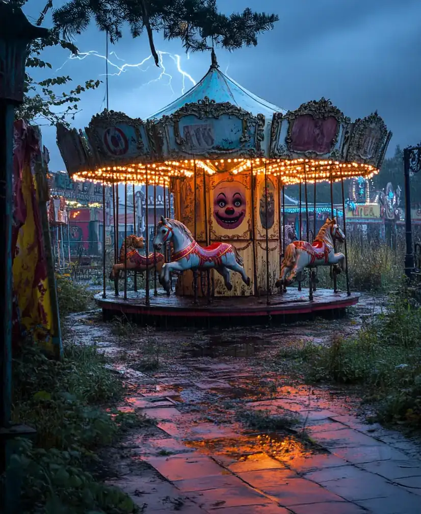 Dilapidated carousel with eerie horses glowing in stormy twilight