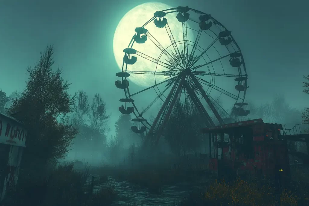 Abandoned Ferris wheel silhouetted against a moonlit sky.