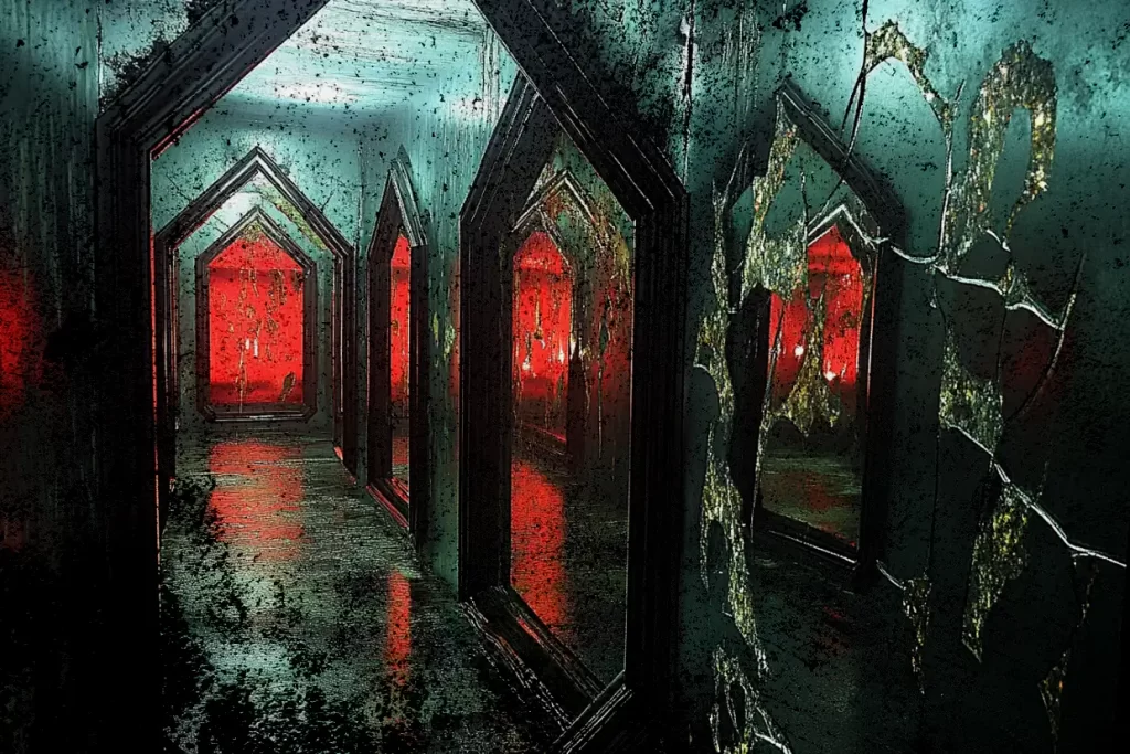 Creepy hall of mirrors with shattered reflections and eerie red glow.