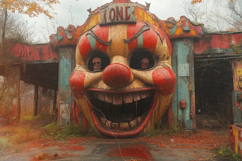 Terrifying clown-faced entrance to an abandoned carnival.