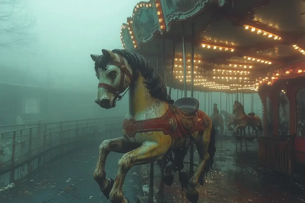 Vintage carousel horse in foggy setting.