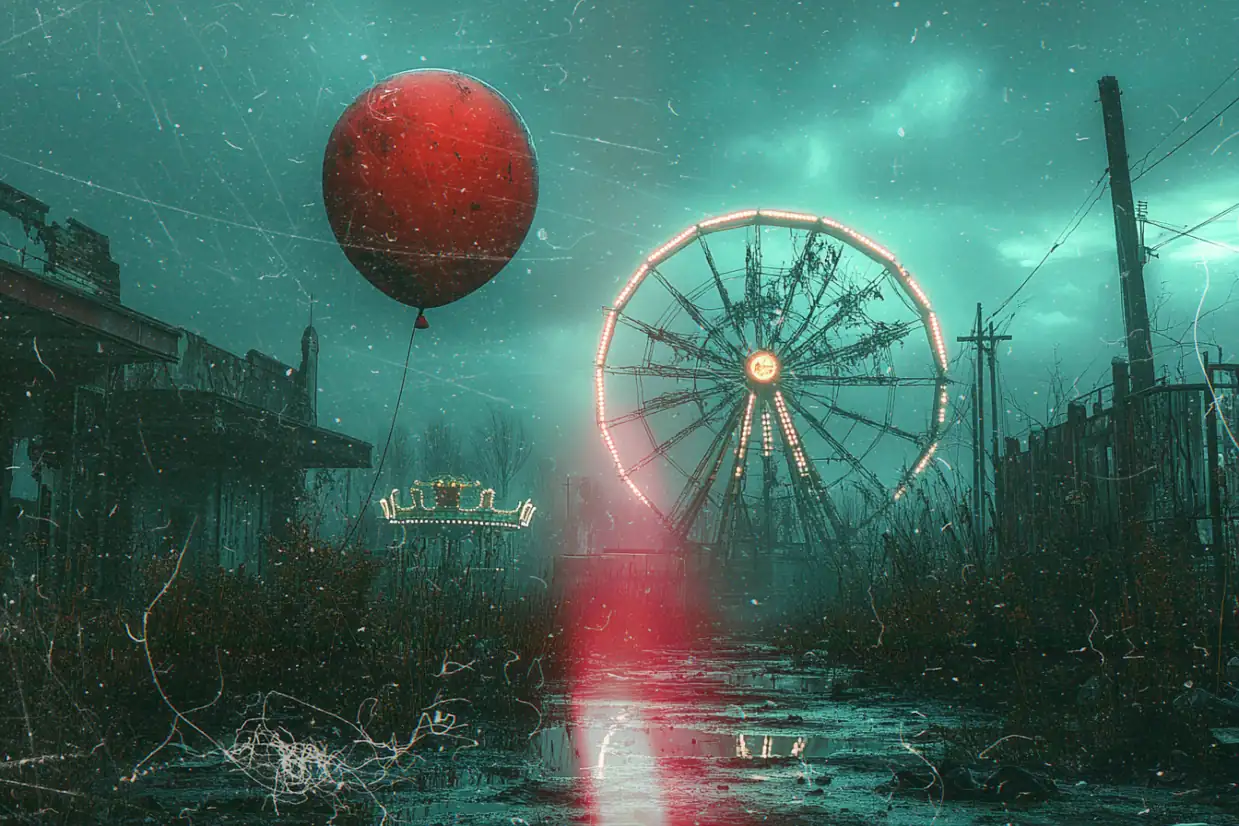 Spooky carnival with red balloon and Ferris wheel