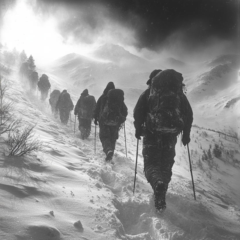 A group of hikers climbing a snowy mountain at Dyatlov Pass.