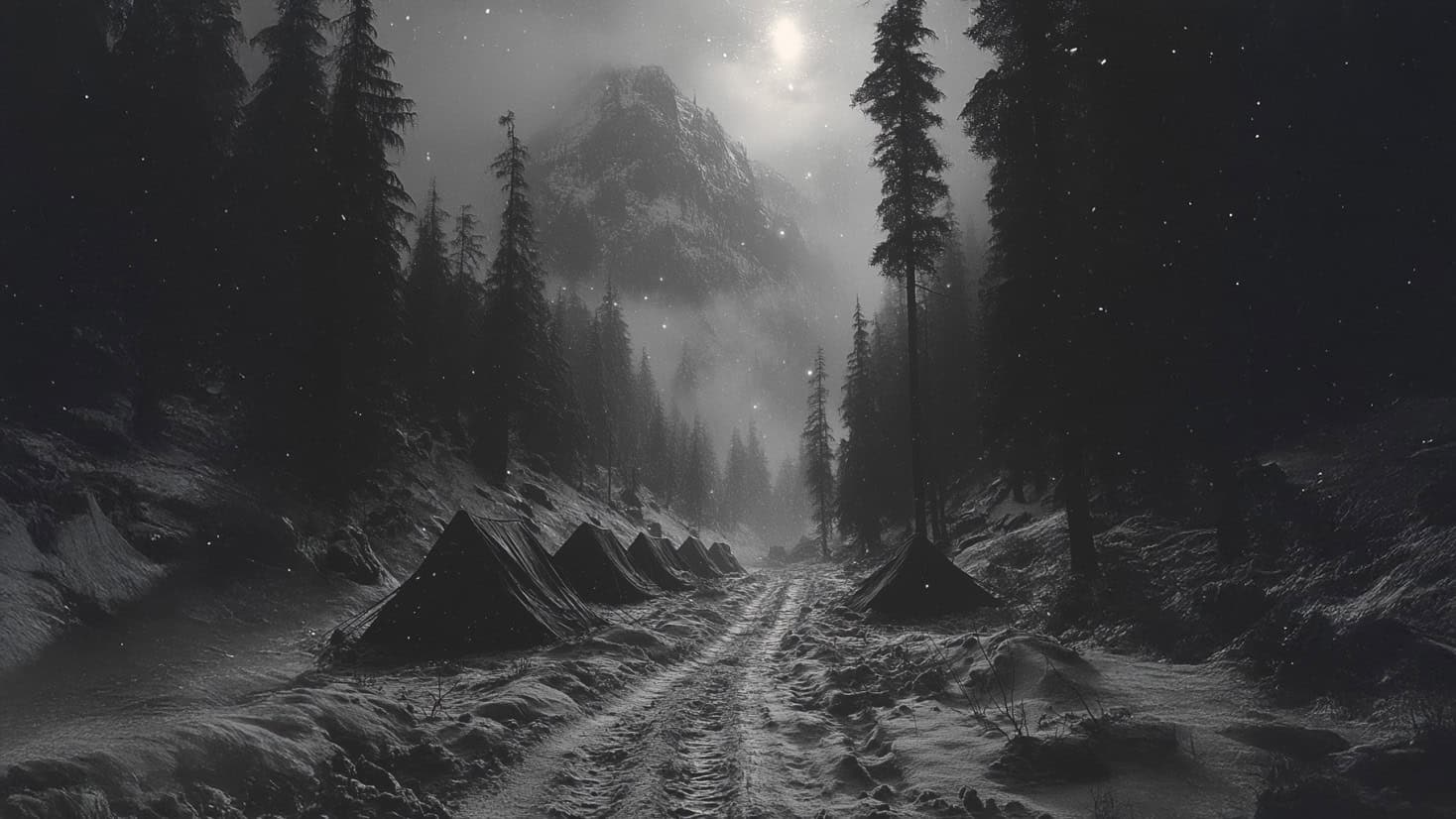 An eerie snowy campsite at Dyatlov Pass under a moonlit sky.