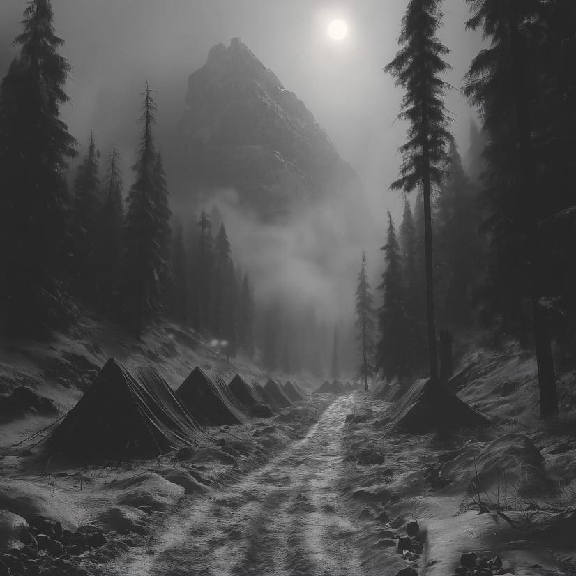 n eerie snowy campsite at Dyatlov Pass under a moonlit sky.