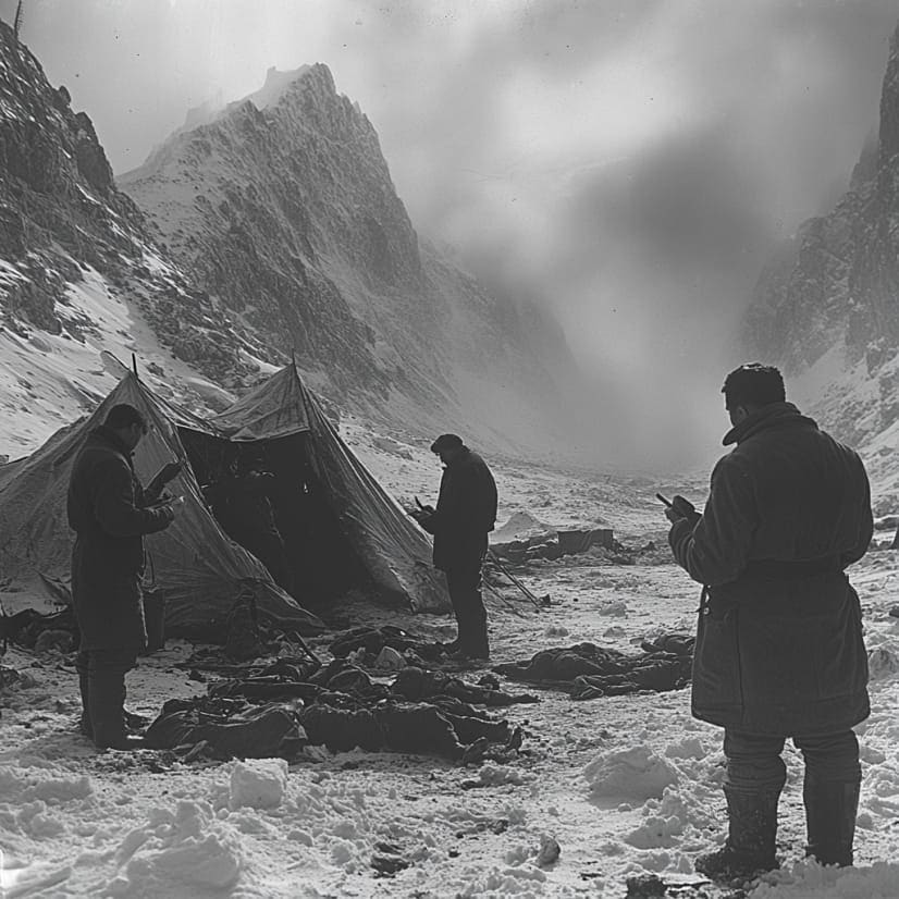 Damaged tents at the Dyatlov Pass campsite with figures standing nearby.