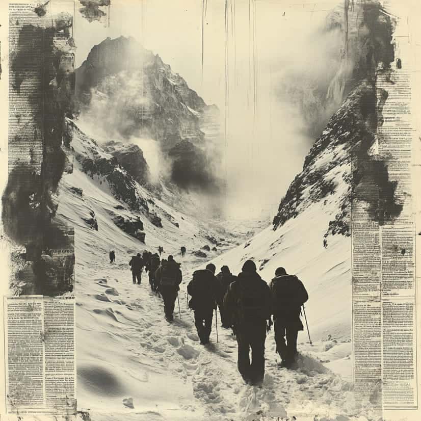 A group of hikers walking through the snowy terrain at Dyatlov Pass.