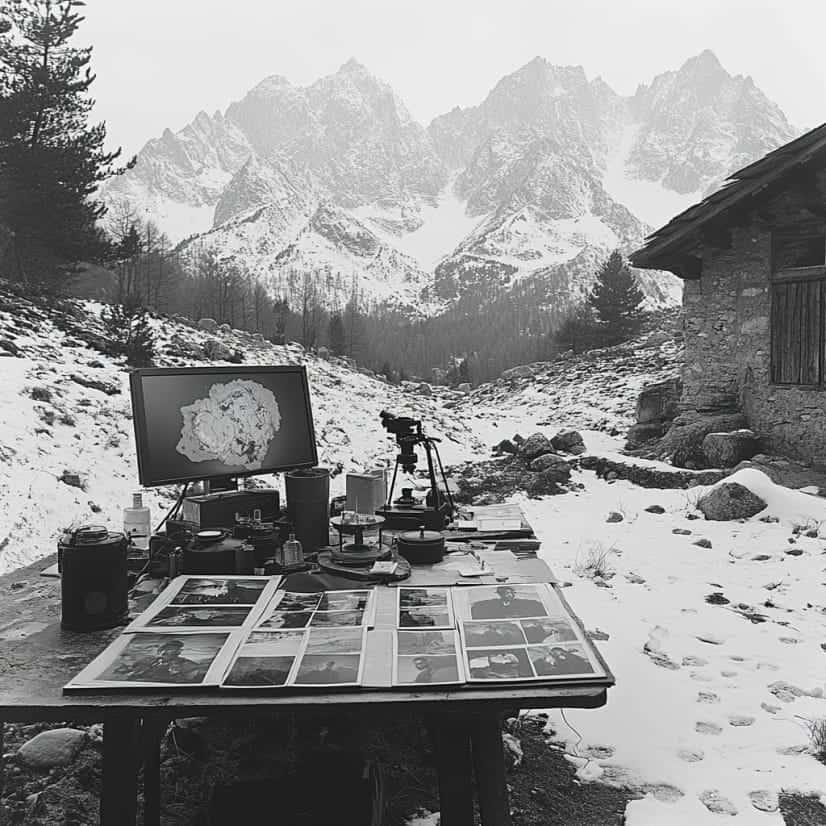 An abandoned research setup in a snowy mountain landscape near Dyatlov Pass.