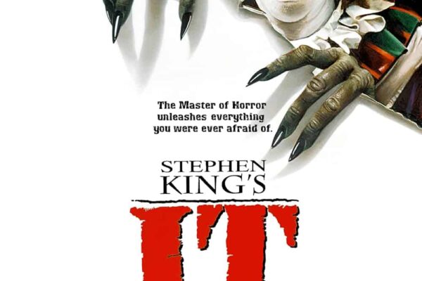 Official movie poster for Stephen King's 'IT' featuring Pennywise with claws.