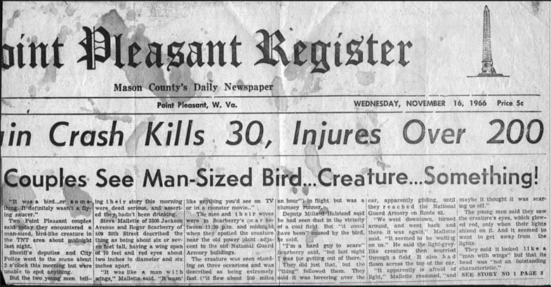 Historic newspaper headline about the Silver Bridge collapse and sightings of a man-sized bird.