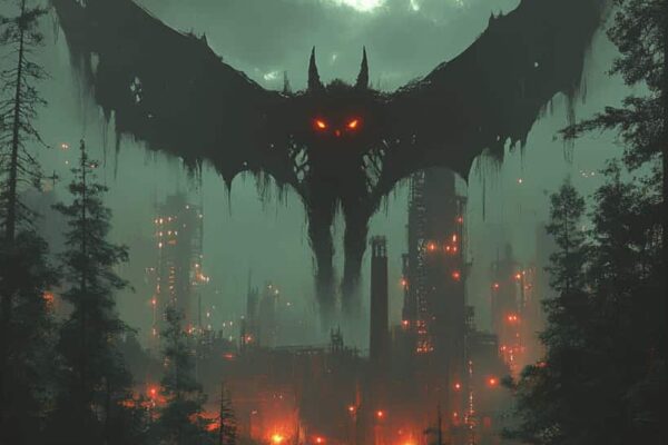 The Mothman with glowing red eyes and bat-like wings flying over a burning forest.