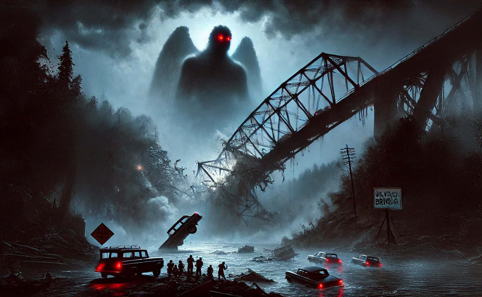 The Mothman hovers ominously over a collapsed bridge in a stormy scene.