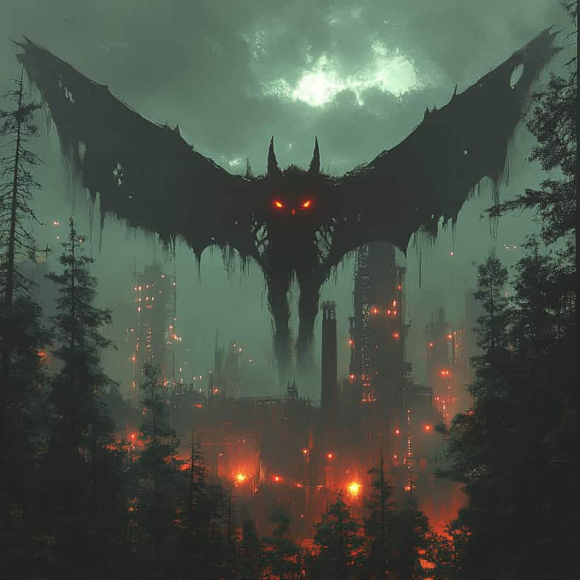 The Mothman with glowing red eyes and bat-like wings flying over a burning forest.