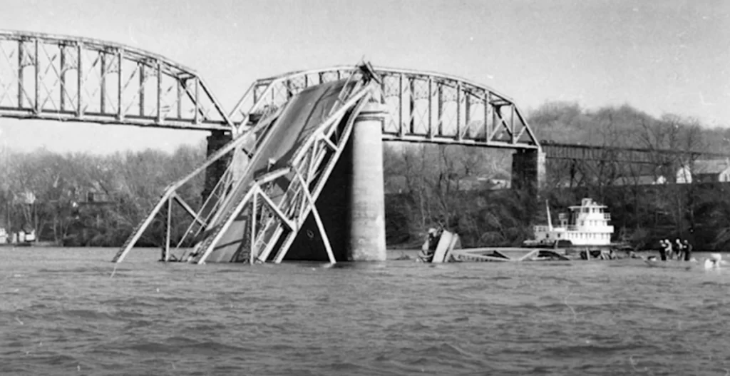 Historical image of the collapsed Silver Bridge over the Ohio River.