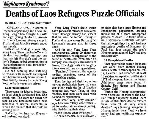 Newspaper article discussing the mysterious deaths of Laos refugees.