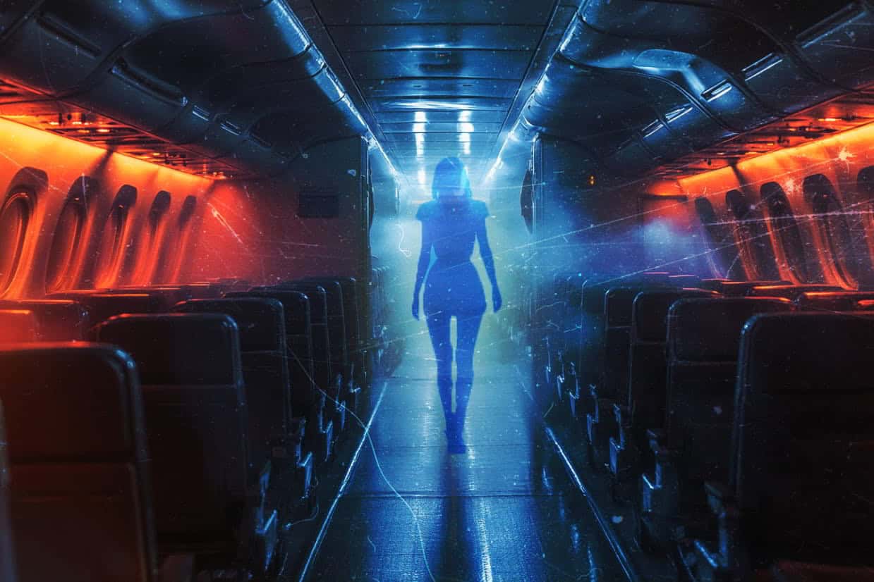 A glowing silhouette of a figure walking down a dimly lit plane aisle, surrounded by blue and red atmospheric lighting.