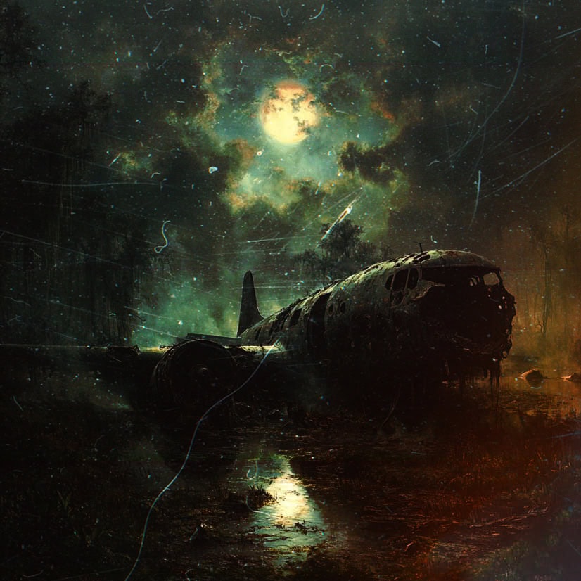 An eerie scene of a plane wreck in a dark swamp, illuminated by a full moon and surrounded by misty clouds.