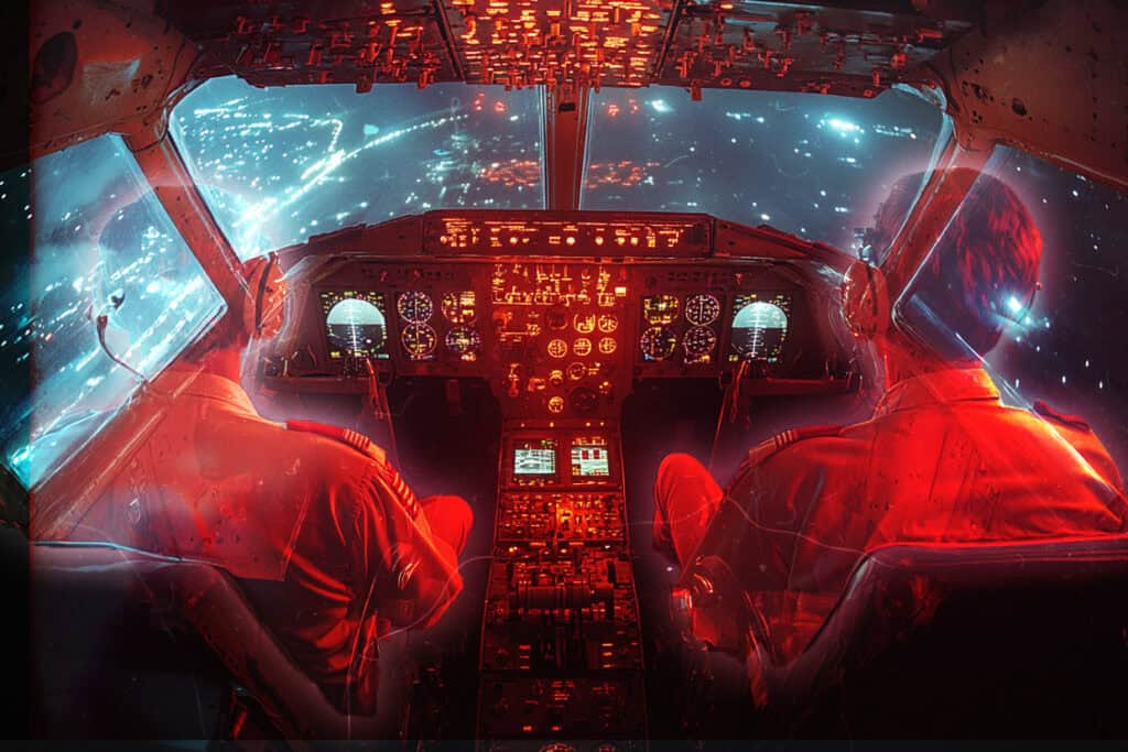 An eerie view of an airplane cockpit at night, with ghostly silhouettes of two pilots surrounded by glowing red and blue lights.