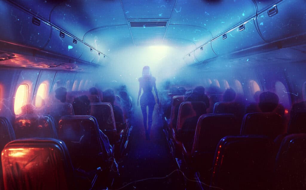 A mysterious silhouette of a woman standing amidst a mist-filled airplane cabin, surrounded by seated passengers in a surreal, glowing atmosphere."