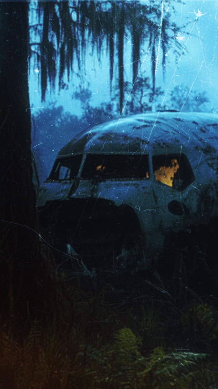 An abandoned plane wreck in a misty swamp with glowing light from the cockpit.